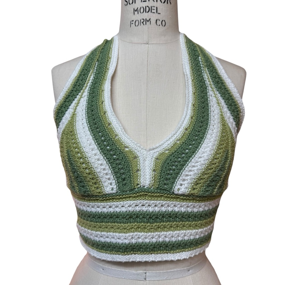 Hollister Crochet Halter Crop Top Green White Women’s Size S Knit Boho Beachy